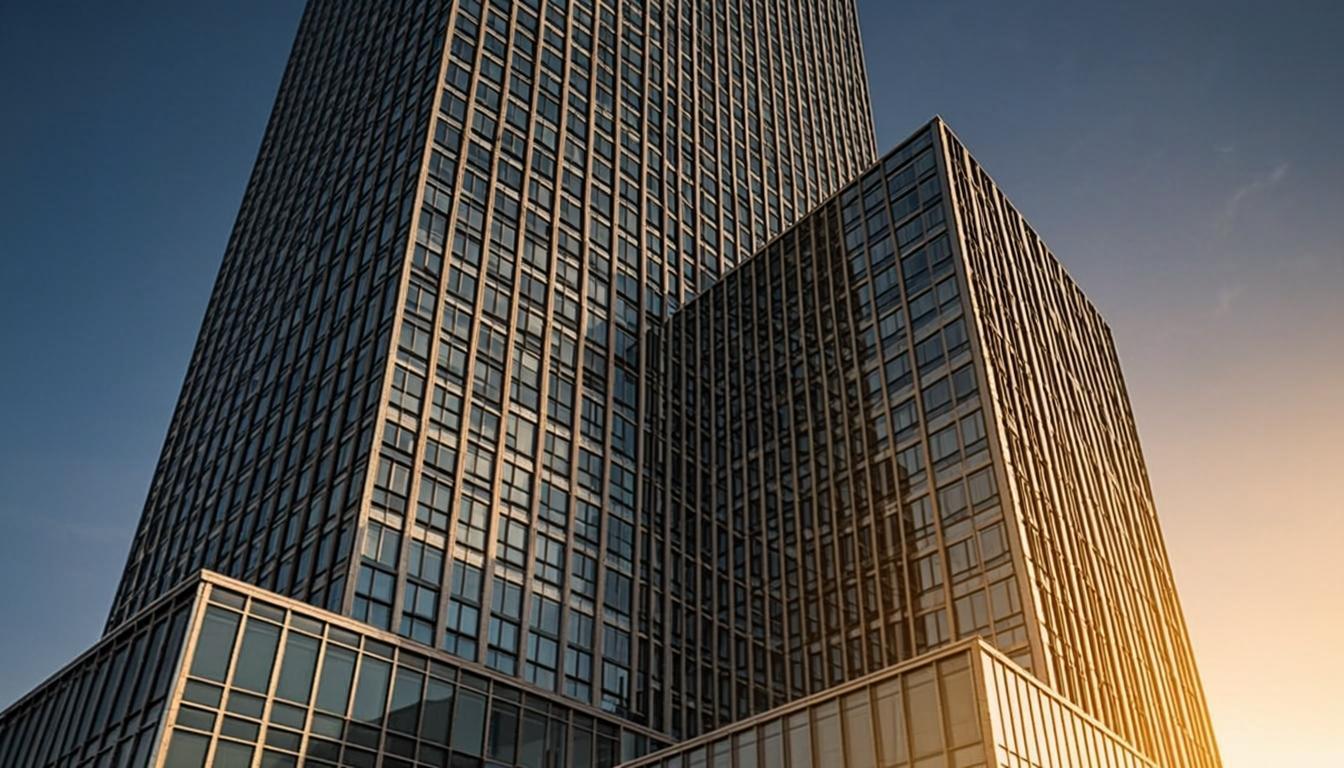 Modern glass corporate towers at golden hour
